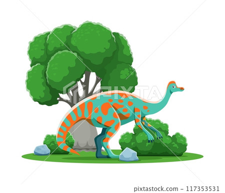 Jaxartosaurus cartoon prehistoric dinosaur character. Isolated vector ancient herbivore dino reptile animal in natural environment with a tree, rocks and green plants. Late Cretaceous era lizard Jaxartosaurus cartoon prehistoric dinosaur character. Isolated vector ancient herbivore dino reptile animal in natural environment with a tree, rocks and green plants. Late Cretaceous era lizard 117353531
