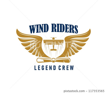 Airline and aircraft aviation icon with golden wings, biplane and propeller, flanked by the text wind riders and legend crew, signifying excellence in aviation. Isolated vector emblem in classic style 117353565