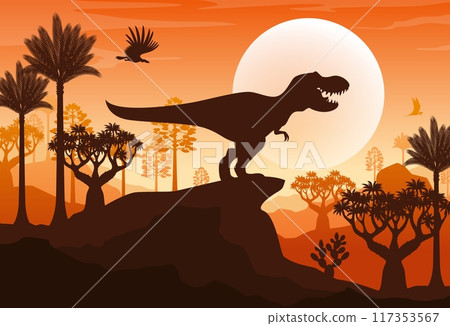 T rex silhouette on mountain sunset landscape. Jurassic forest nature vector background with tyrannosaurus dinosaur shadow. T rex, argentavis and dimorphodon dino animals, trees, mountains and sun T rex silhouette on mountain sunset landscape. Jurassic forest nature vector background with tyrannosaurus dinosaur shadow. T rex, argentavis and dimorphodon dino animals, trees, mountains and sun 117353567