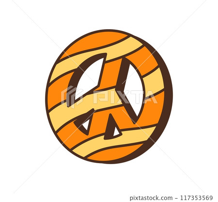 Cartoon retro groovy hippie peace symbol. Isolated vector vibrant, iconic emblem, symbolizing unity, harmony, love and non-violence, embodying the 60s and 70s countercultural hippy movement ideas 117353569