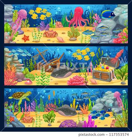 Underwater landscape banners with cartoon sea animals, seaweed, sunken ship and treasure chest. Vector horizontal cards depict ocean bottom with coral reef, turtle, fish shoal, tropical seaweed plants Underwater landscape banners with cartoon sea animals, seaweed, sunken ship and treasure chest. Vector horizontal cards depict ocean bottom with coral reef, turtle, fish shoal, tropical seaweed plants 117353574
