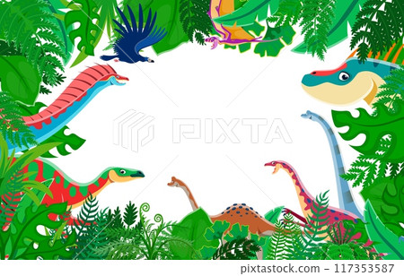 Cartoon prehistoric dinosaurs in jungle forest frame with vector borders of palm tree green leaves and jurassic dino animals. Cute titanosauria, amargasaurus, anchisaurus and argentavis dinosaur frame Cartoon prehistoric dinosaurs in jungle forest frame with vector borders of palm tree green leaves and jurassic dino animals. Cute titanosauria, amargasaurus, anchisaurus and argentavis dinosaur frame 117353587