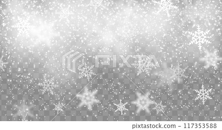 Realistic snow background with snowflakes. Vector Christmas winter overlay with falling flakes, xmas or New Year layout template with wintertime crystalline ice formations descending from the sky 117353588