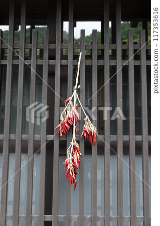 奈良井宿辣椒的老街景，格子上掛著樹枝 117353616