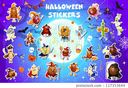Halloween nuts and beans mages, wizards and sorcerers stickers pack. Vector cartoon walnut, peanut and almond, hazelnut, pistachio, coconut and cashew characters in witch and fairy Halloween costumes Halloween nuts and beans mages, wizards and sorcerers stickers pack. Vector cartoon walnut, peanut and almond, hazelnut, pistachio, coconut and cashew characters in witch and fairy Halloween costumes 117353644