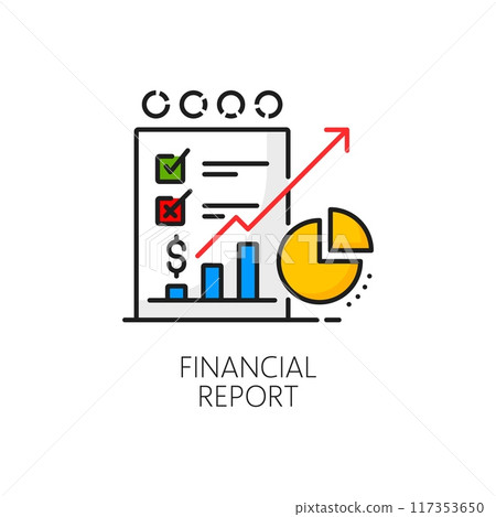 Color financial report line icon, vector finance analysis, business audit and accounting balance research. Outline graphs and charts of financial statement with growing profit, company revenue diagram Color financial report line icon, vector finance analysis, business audit and accounting balance research. Outline graphs and charts of financial statement with growing profit, company revenue diagram 117353650