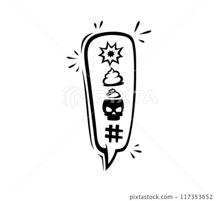 Comic swear speech bubble or cartoon aggressive expletive curse, vector doodle exclamation point. Hate angry talk with bad word speech cloud or explicit swear shout with skull and shit symbols 117353652
