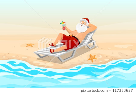 Santa Claus sunbathing on beach, Christmas holiday cartoon vector background for greeting card. Funny Santa character at summer sea beach on sunbed sunbathing with cocktail for Christmas celebration Santa Claus sunbathing on beach, Christmas holiday cartoon vector background for greeting card. Funny Santa character at summer sea beach on sunbed sunbathing with cocktail for Christmas celebration 117353657