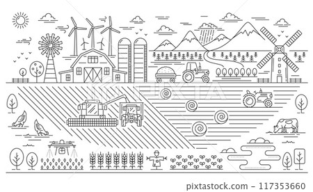 Line agriculture farm landscape, eco village plantation. Vector outline organic farm field with tractor harvesting crop plants, barn and windmill, vegetable garden and trees, road and wind turbines Line agriculture farm landscape, eco village plantation. Vector outline organic farm field with tractor harvesting crop plants, barn and windmill, vegetable garden and trees, road and wind turbines 117353660