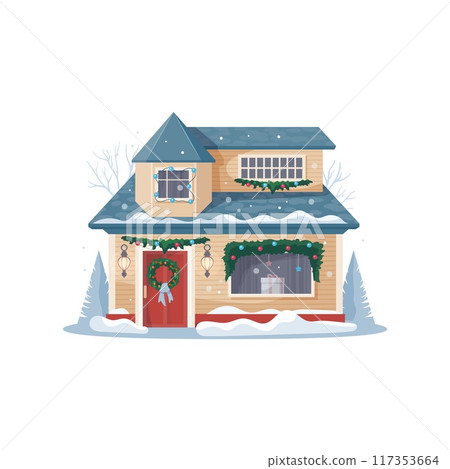 Christmas winter house facade exterior. Vector building of snow town street with Xmas holiday decorations, wreath, garlands, gift and lights on windows, snowy trees and roof. Christmas village home Christmas winter house facade exterior. Vector building of snow town street with Xmas holiday decorations, wreath, garlands, gift and lights on windows, snowy trees and roof. Christmas village home 117353664