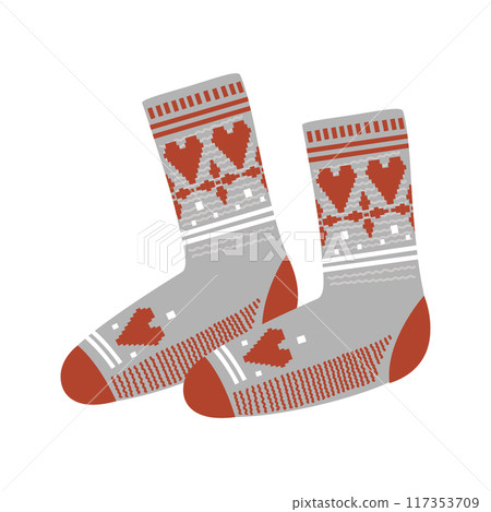 Fairy woolen knitted socks with hearts and snow ornament, cozy Xmas and Winter symbol. Christmas stockings, vector illustration. 117353709