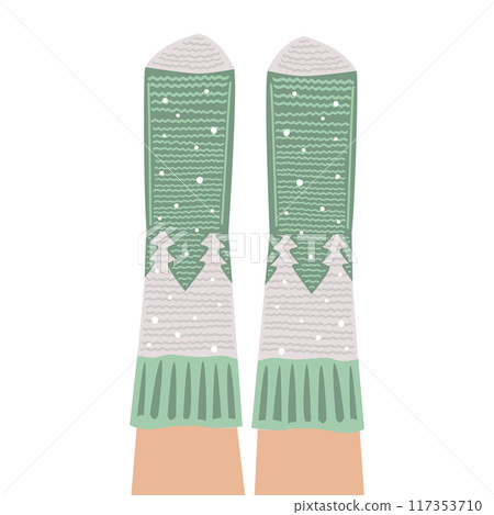 Female legs in woolen knitted socks with pine trees and snow. Cartoon vector isolated illustration. Christmas design element 117353710