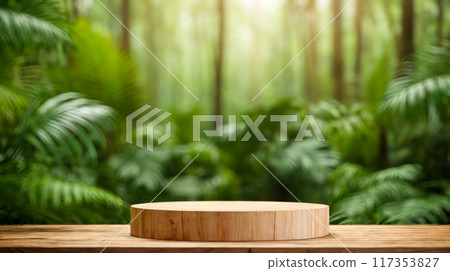 product podium in nature outdoors, tropical forest blurred green background. natural product placement, pedestal stand display, nature cosmetics concept 117353827