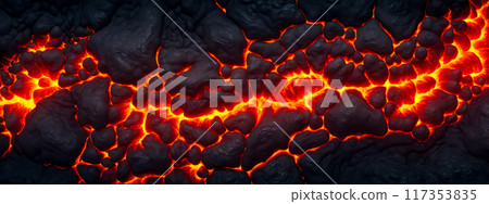 Close-up view of glowing lava cracks background, dark volcanic rocks, intense heat, natural geological texture, vibrant red and black contrast, molten earth surface detail 117353835