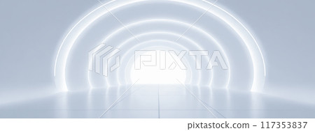 Modern minimalist interior with illuminated arches leading to bright light, futuristic design concept in white tones for serene and innovative space representation 117353837