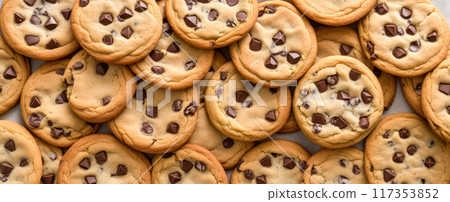 Freshly baked chocolate chip cookies close-up, golden brown homemade sweet treats with melted chocolate chunks, delicious dessert background, bakery concept 117353852