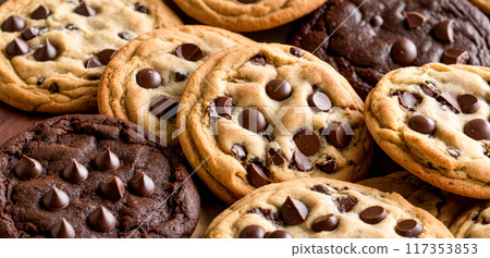 Closeup Assorted Chocolate Chip Cookies, Fresh Baked Sweet Treats Variety, Homemade Dessert Texture Detail, Dark Light Dough Confectionery, Delicious Snack Food Temptation 117353853