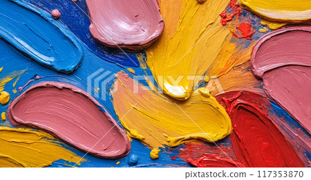 Vibrant oil painting backdrop. close up with bold blue, pink, red, yellow strokes on canvas, textured abstract art background 117353870