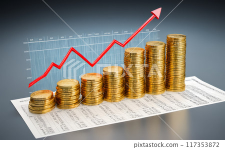 Stacked coins increasing with rising arrow graph financial increase, profitable investments, economic prosperity. grey background, wealth accumulation, market success 117353872