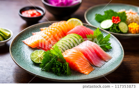 Assorted Sashimi Set Salmon Tuna Seafood Delicacy. Fresh sashimi platter with salmon tuna, Japanese cuisine healthy eating option seafood meal wooden table elegant presentation gourmet food 117353873