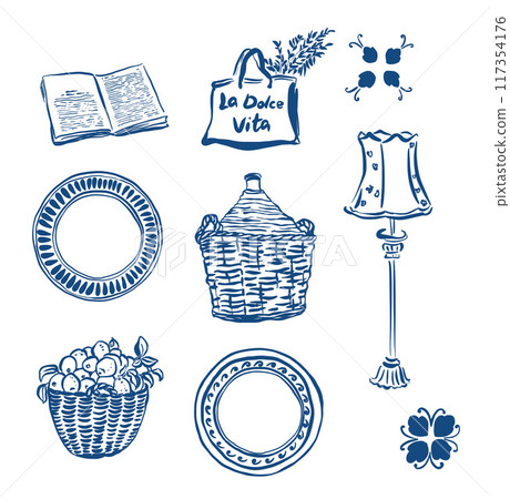 Vector linear doodle illustrations with cozy interior accessories. Hand painted Dolce Vita set isolated on white background. For design, print, interior or background. Vector linear doodle illustrations with cozy interior accessories. Hand painted Dolce Vita set isolated on white background. For design, print, interior or background. 117354176