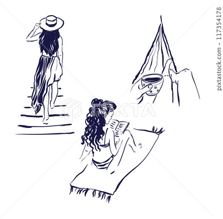 Vector doodle set of beach scenes with woman. Hand-drawn linear relax time isolated on white background. Illustration for design, print, fabric or background. Vector doodle set of beach scenes with woman. Hand-drawn linear relax time isolated on white background. Illustration for design, print, fabric or background. 117354178