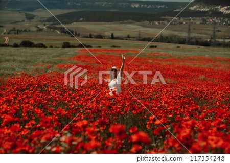 Field poppies woman. Happy woman in a white dress and hat stand through a blooming field of poppy raised her hands up. Field of blooming poppies. Field poppies woman. Happy woman in a white dress and hat stand through a blooming field of poppy raised her hands up. Field of blooming poppies. 117354248