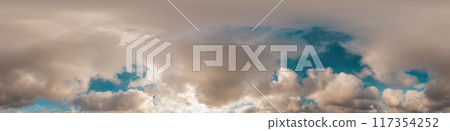 Sunset sky with bright glowing pink Cumulus clouds. Seamless spherical HDR 360 panorama. Full zenith or sky dome in 3D, sky replacement for aerial drone panoramas. Climate and weather change. Sunset sky with bright glowing pink Cumulus clouds. Seamless spherical HDR 360 panorama. Full zenith or sky dome in 3D, sky replacement for aerial drone panoramas. Climate and weather change. 117354252