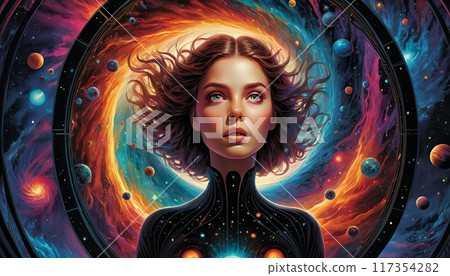 Woman amidst vibrant cosmic scenery, planets orbiting nearby. Represents intersection of humanity and infinite universe. Ideal for themes of exploration, mystery. Woman amidst vibrant cosmic scenery, planets orbiting nearby. Represents intersection of humanity and infinite universe. Ideal for themes of exploration, mystery. 117354282