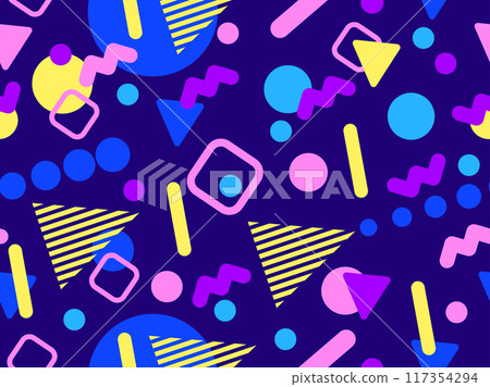 Geometric seamless pattern with memphis elements in 80s style. Colorful geometric pattern. Design of promotional products, wrapping paper and printing. Vector illustration Geometric seamless pattern with memphis elements in 80s style. Colorful geometric pattern. Design of promotional products, wrapping paper and printing. Vector illustration 117354294