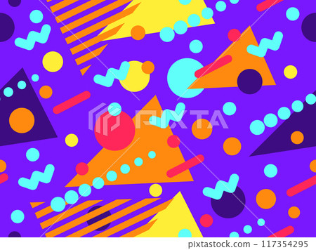 Geometric seamless pattern with memphis elements in 80s style. Colorful geometric pattern. Design of promotional products, wrapping paper and printing. Vector illustration Geometric seamless pattern with memphis elements in 80s style. Colorful geometric pattern. Design of promotional products, wrapping paper and printing. Vector illustration 117354295