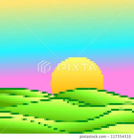Green meadows at dawn in pixel art style. Rising sun on green fields in the style of 8-bit retro graphics of the 80s and 90s. Design for covers, banners and posters. Vector illustration Green meadows at dawn in pixel art style. Rising sun on green fields in the style of 8-bit retro graphics of the 80s and 90s. Design for covers, banners and posters. Vector illustration 117354310