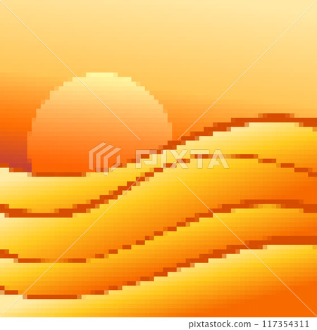 Desert landscape in pixel art style. Sun over sand dunes in the style of 8-bit retro graphics of the 80s and 90s. Pixel desert landscape. Design for printing banners and posters. Vector illustration 117354311