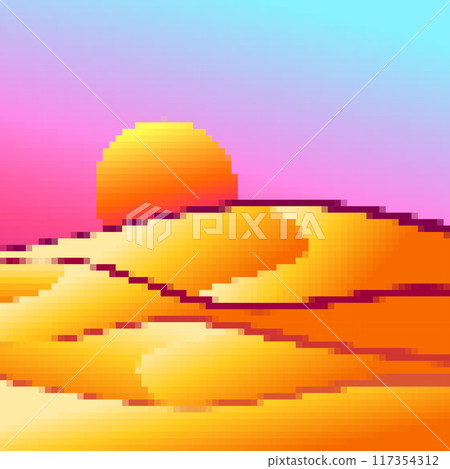 Desert landscape in pixel art style. Sun over sand dunes in the style of 8-bit retro graphics of the 80s and 90s. Pixel desert landscape. Design for printing banners and posters. Vector illustration 117354312