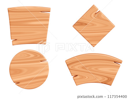 Wooden plaque for text box. Cartoon 3d render illustration of signboard with brown wood texture of different shapes. Timber plank or board in form of rectangle and arrow. Road signpost frame. Wooden plaque for text box. Cartoon 3d render illustration of signboard with brown wood texture of different shapes. Timber plank or board in form of rectangle and arrow. Road signpost frame. 117354400