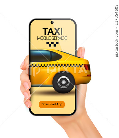 Taxi service concept. Hand holding smartphone with taxi car on screen and taxi service mobile app or order taxi online. 117354605