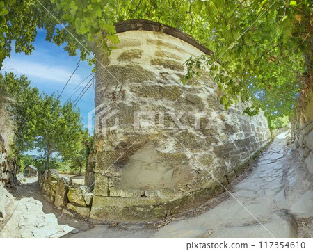 Panoramic picture along footpath with overgrown old natural stone wall Panoramic picture along footpath with overgrown old natural stone wall 117354610