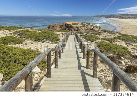 Scenic view of a pier on the Bordeiras beach in Portugal 117354614