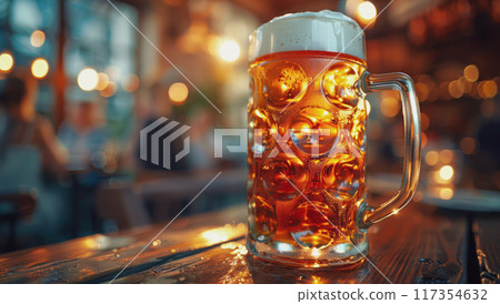 Large beer mugs with white foam on defocused background of a beer bar. Oktoberfest concept 117354632