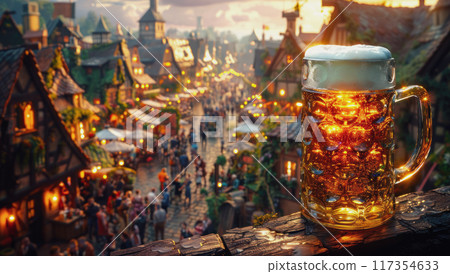 Large beer mugs with white foam on defocused background of a beer bar. Oktoberfest concept 117354633
