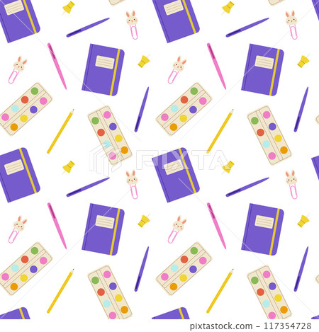 Seamless pattern with school supplies. Back to school background. Vector flat illustration on white background 117354728