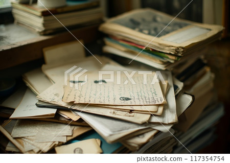 Cozy corner filled with stacks of writing prompts, inspiration boards, and papers Cozy corner filled with stacks of writing prompts, inspiration boards, and papers 117354754