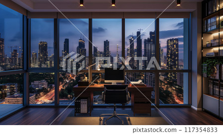 Well-organized home office featuring a panoramic window overlooking a vibrant cityscape after dusk Well-organized home office featuring a panoramic window overlooking a vibrant cityscape after dusk 117354833