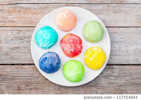 Mix of colorful mochi . Traditional japanese dessert Mix of colorful mochi . Traditional japanese dessert 117354843