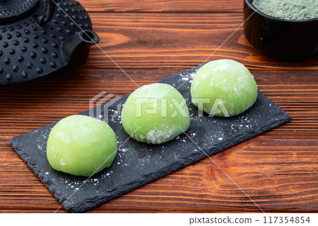 Traditional japanese desert mochi with matcha latte tea 117354854