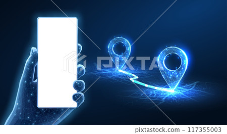Phone mockup in hand and pins connected. Phone mobile app, gps tracker, 117355003
