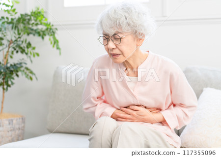 Senior woman holding her stomach 117355096