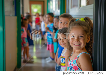 Group of cheerful students waits in line along a bright school corridor 117355277