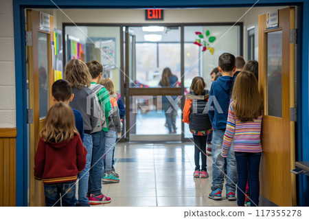 Eager young students line up orderly in a school hallway, awaiting their next activity 117355278