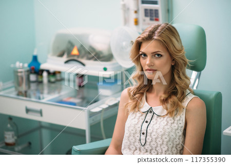 Young woman sits in a dental clinic waiting for her appointment in a light blue room 117355390